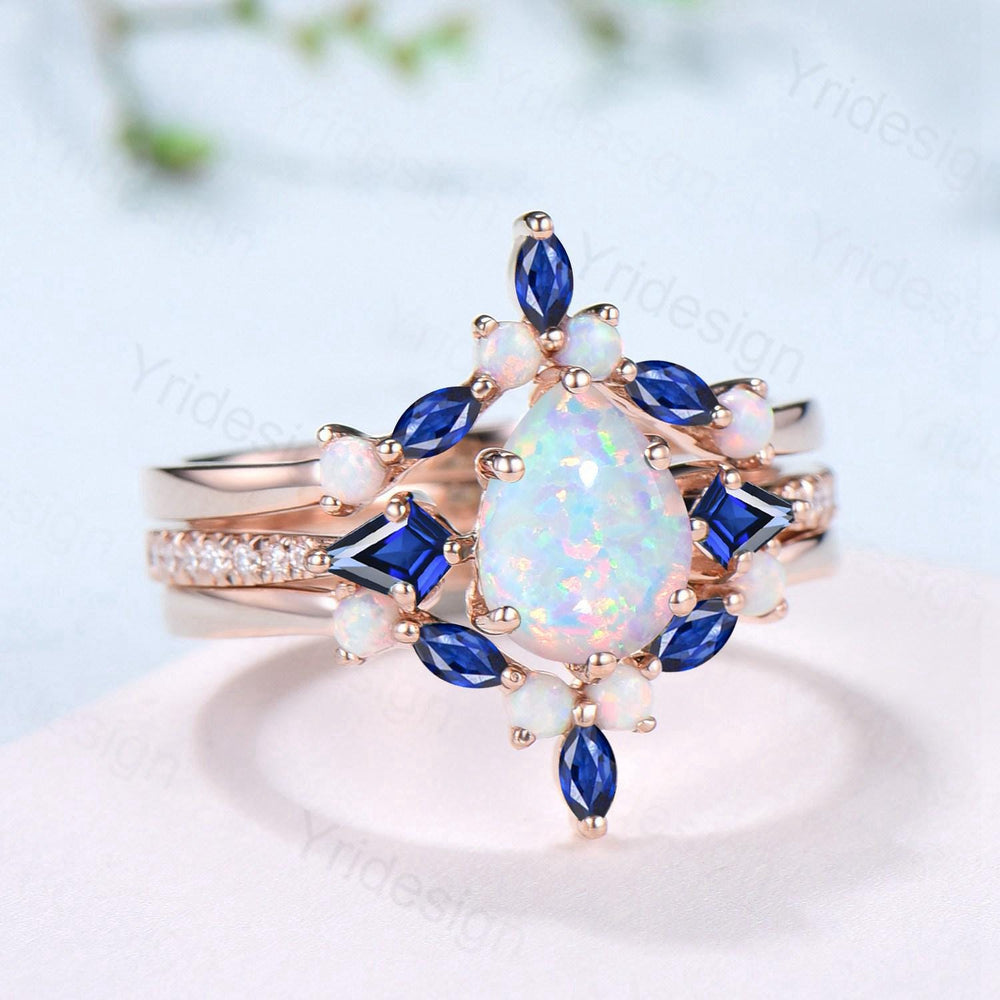 Vintage Teardrop White Opal Engagement Ring Set Kite Sapphire Opal Wedding Set Marquise Cut Stacking Band Unique 3Pcs Rose Gold Bridal Sets - PENFINE