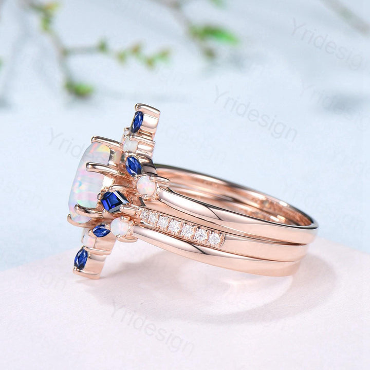 Vintage Teardrop White Opal Engagement Ring Set Kite Sapphire Opal Wedding Set Marquise Cut Stacking Band Unique 3Pcs Rose Gold Bridal Sets - PENFINE