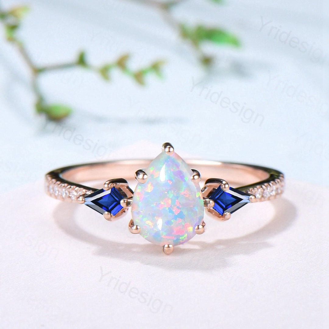 Vintage Teardrop White Opal Engagement Ring Set Kite Sapphire Opal Wedding Set Marquise Cut Stacking Band Unique 3Pcs Rose Gold Bridal Sets - PENFINE