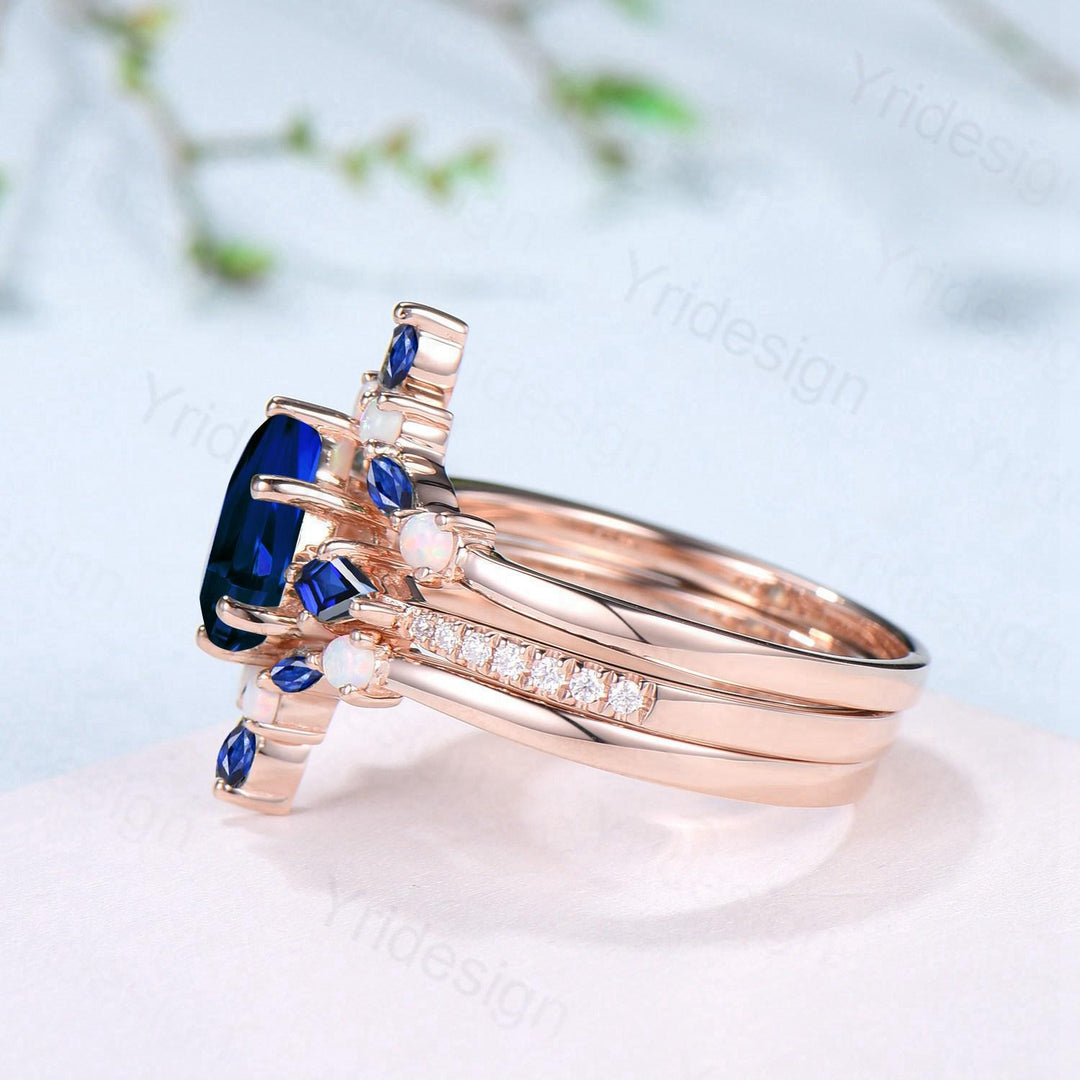 1.25 Carat Pear Shaped Blue Sapphire Engagement Ring Set Opal Retro Sapphire Wedding Set Unique Rose Gold September Birthstone Bridal Sets - PENFINE