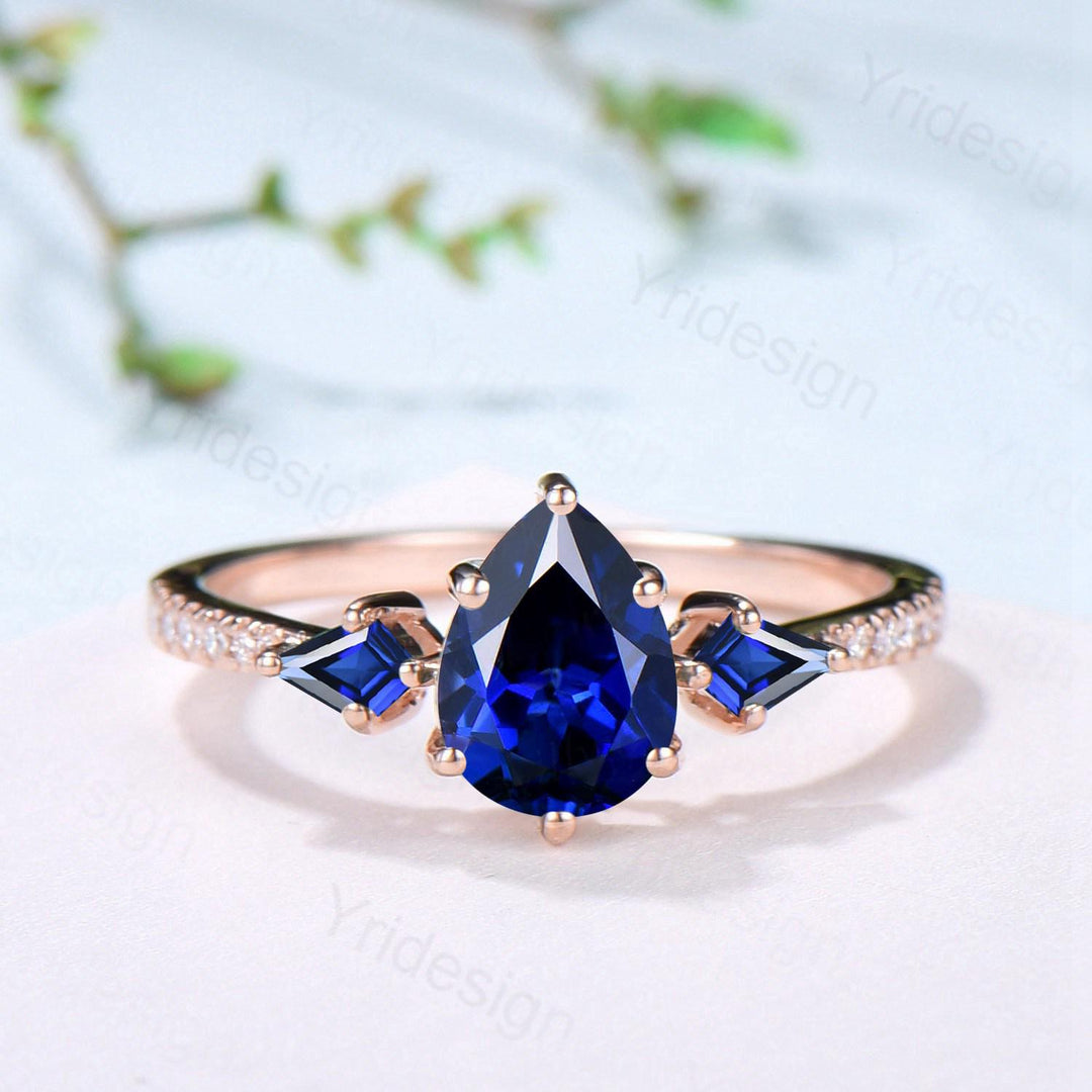 1.25 Carat Pear Shaped Blue Sapphire Engagement Ring Set Opal Retro Sapphire Wedding Set Unique Rose Gold September Birthstone Bridal Sets - PENFINE