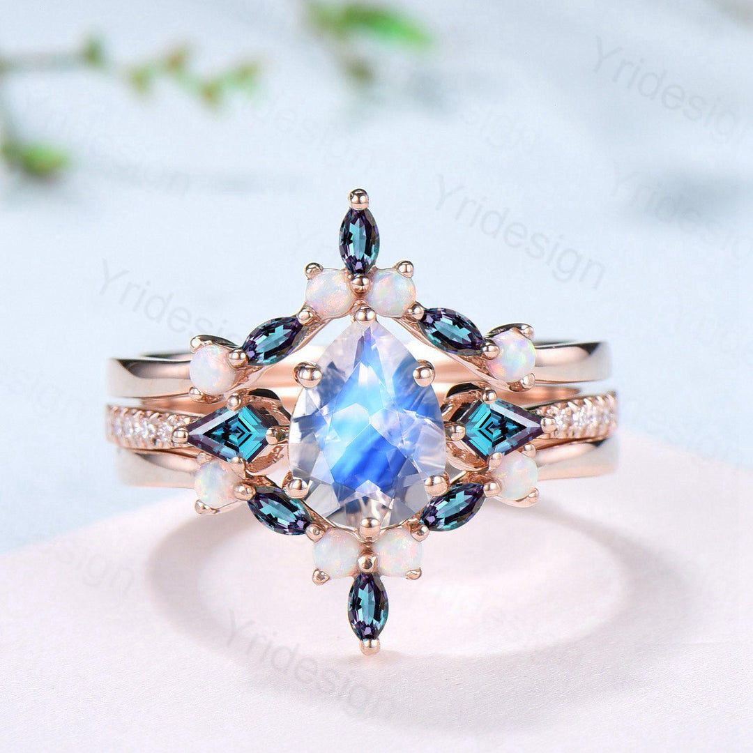 1.25 CT Pear Shaped Natural Moonstone Engagement Ring Set Kite Alexandrite Opal Wedding Set Unique 3Pcs Rose Gold June Birthstone Bridal Set - PENFINE