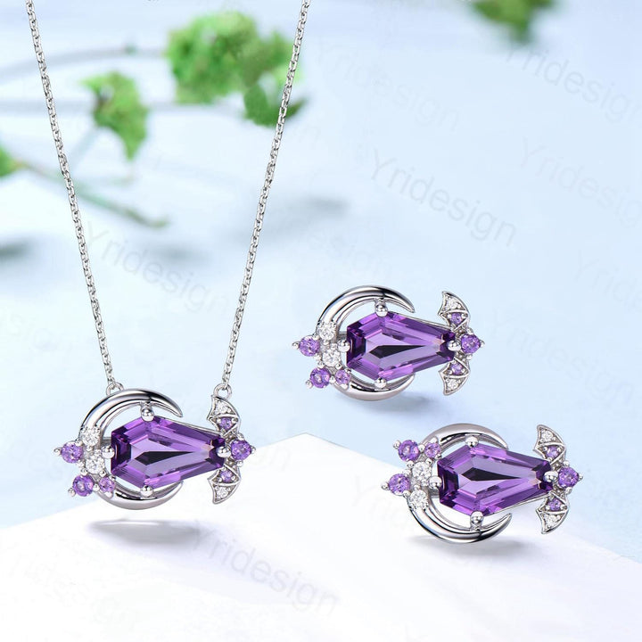 Unique Bat Jewelry Coffin Shape Amethyst Necklace Pendant Gothic Purple Amethyst Earring Silver Rose Gold Amphibian Wedding Set for Daughter - PENFINE