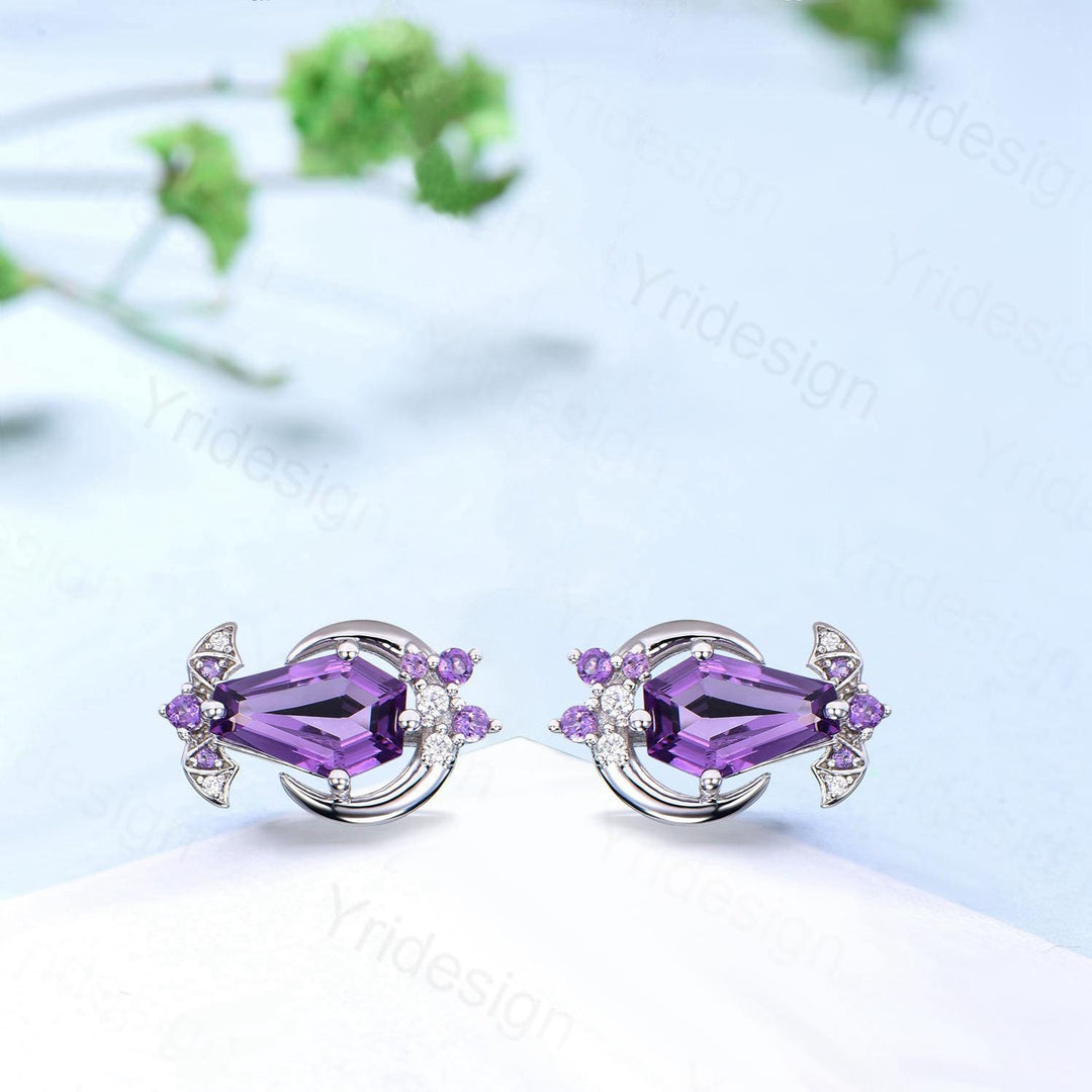 Unique Bat Jewelry Coffin Shape Amethyst Necklace Pendant Gothic Purple Amethyst Earring Silver Rose Gold Amphibian Wedding Set for Daughter - PENFINE