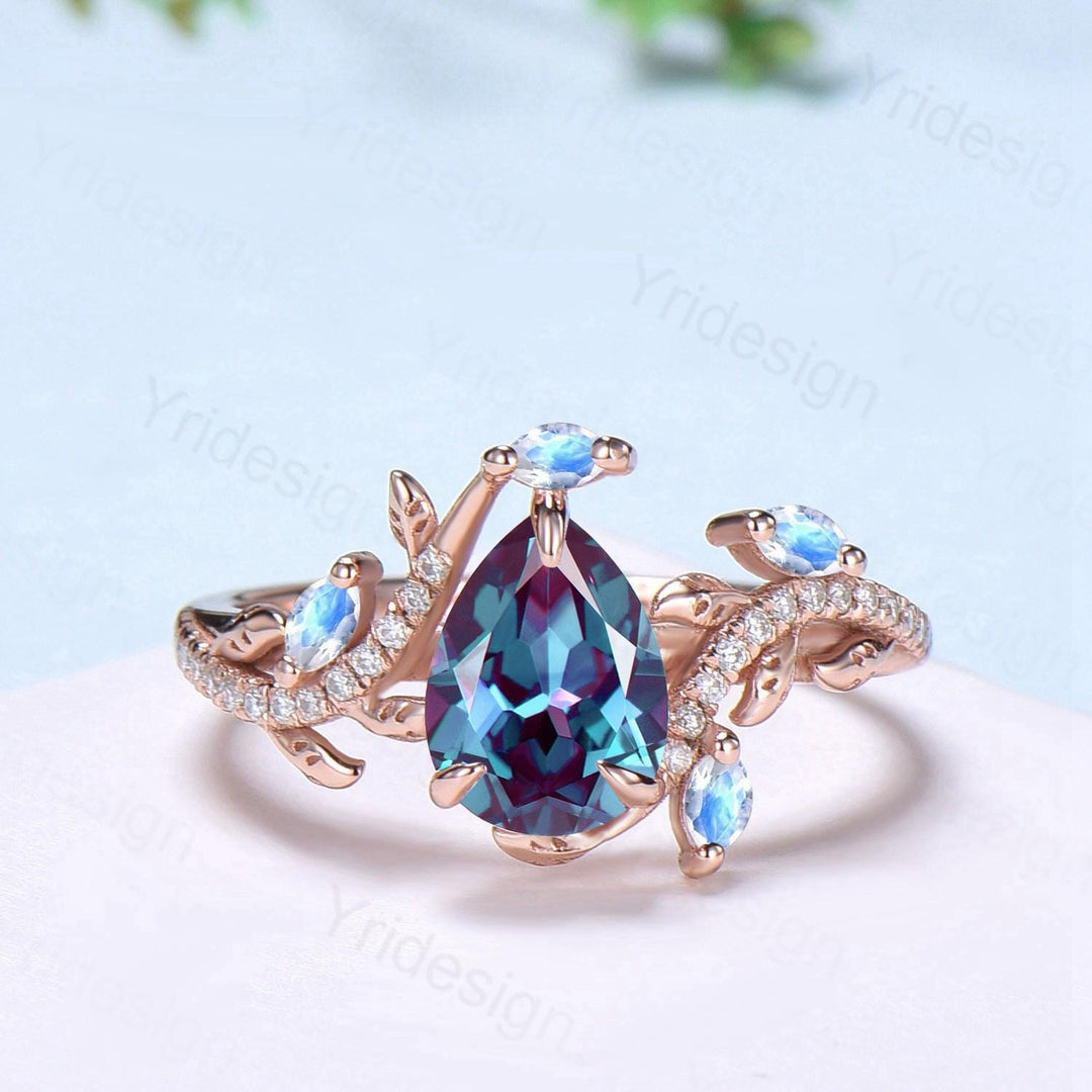 Vintage Pear Shaped Alexandrite Engagement Ring Set Nature Inspired Snake Wedding Set  Moonstone Bridal Set Twig Vine June Birthstone Ring - PENFINE