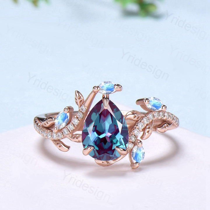Vintage Pear Shaped Alexandrite Engagement Ring Set Nature Inspired Snake Wedding Set  Moonstone Bridal Set Twig Vine June Birthstone Ring - PENFINE