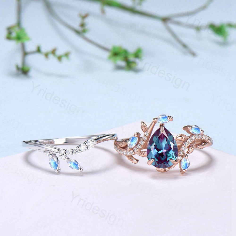 Vintage Pear Shaped Alexandrite Engagement Ring Set Nature Inspired Snake Wedding Set  Moonstone Bridal Set Twig Vine June Birthstone Ring - PENFINE