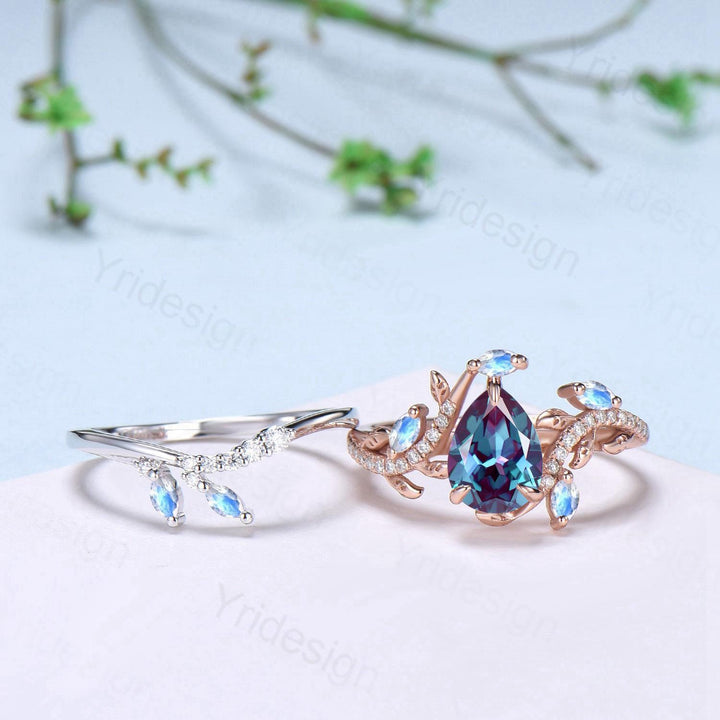 Vintage Pear Shaped Alexandrite Engagement Ring Set Nature Inspired Snake Wedding Set  Moonstone Bridal Set Twig Vine June Birthstone Ring - PENFINE