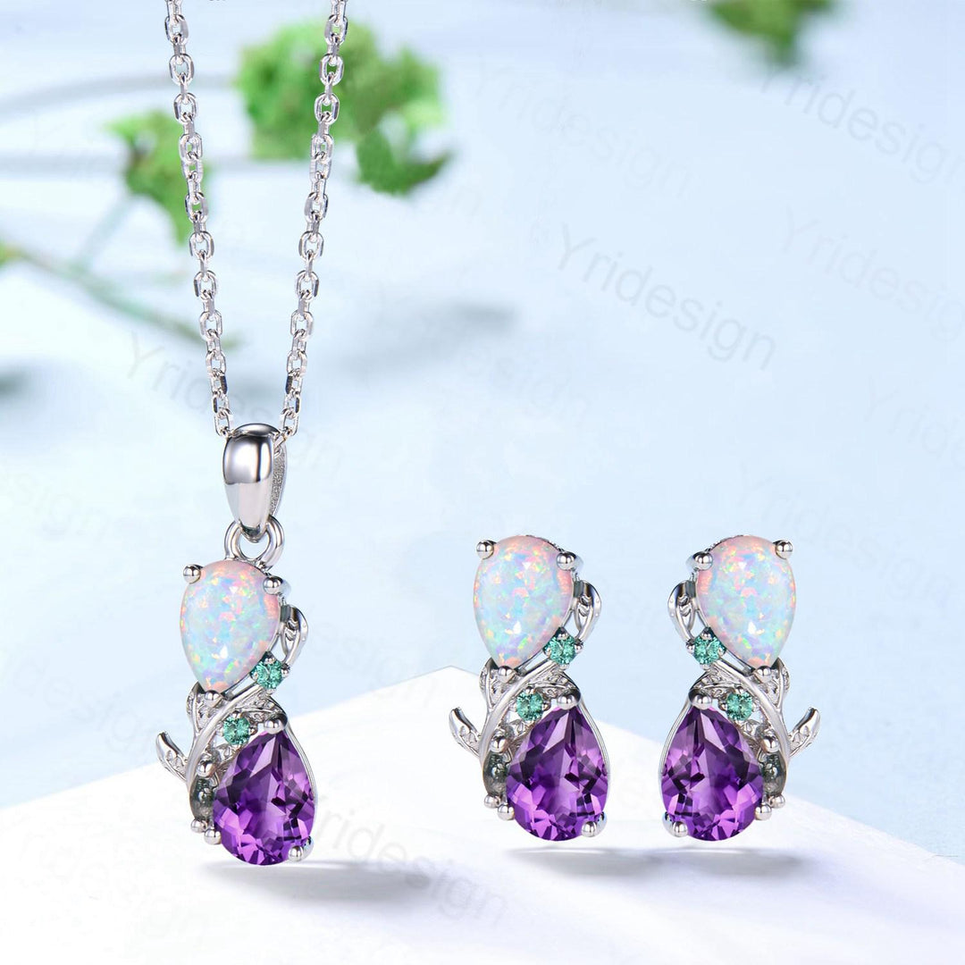 Nature Inspired Opal Amethyst Pendant Necklace Women Unique Alternative Stud Earrings Branch Snake pear shaped leaf wedding set promise gift - PENFINE