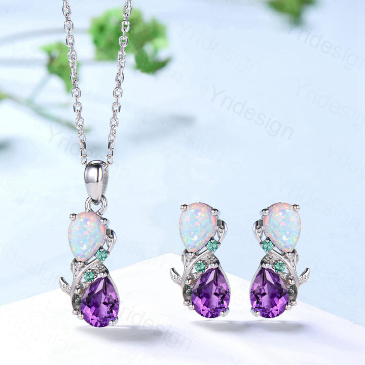 Nature Inspired Opal Amethyst Pendant Necklace Women Unique Alternative Stud Earrings Branch Snake pear shaped leaf wedding set promise gift - PENFINE