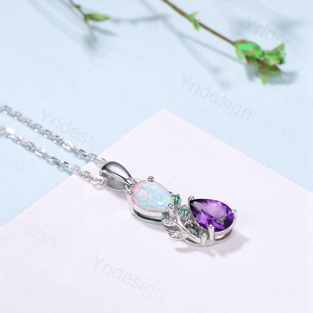 Nature Inspired Opal Amethyst Pendant Necklace Women Unique Alternative Stud Earrings Branch Snake pear shaped leaf wedding set promise gift - PENFINE