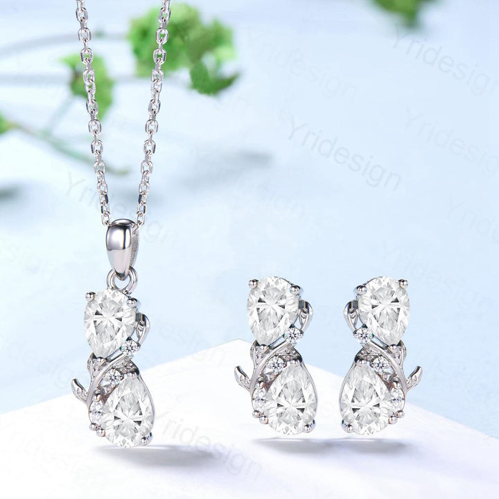 Nature Inspired Pear Shaped Moissanite Necklace Pendant Unique Moissanite Stud Earrings Branch Snake Leaf Vine Wedding Set Promise Gifts - PENFINE