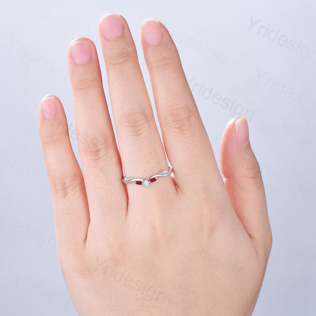 Vintage Fire Opal Ruby Wedding Band Women Unique Teardrop White Opal Stackable Ring Marquise Ruby Curved Matching Band Anniversary Gift - PENFINE