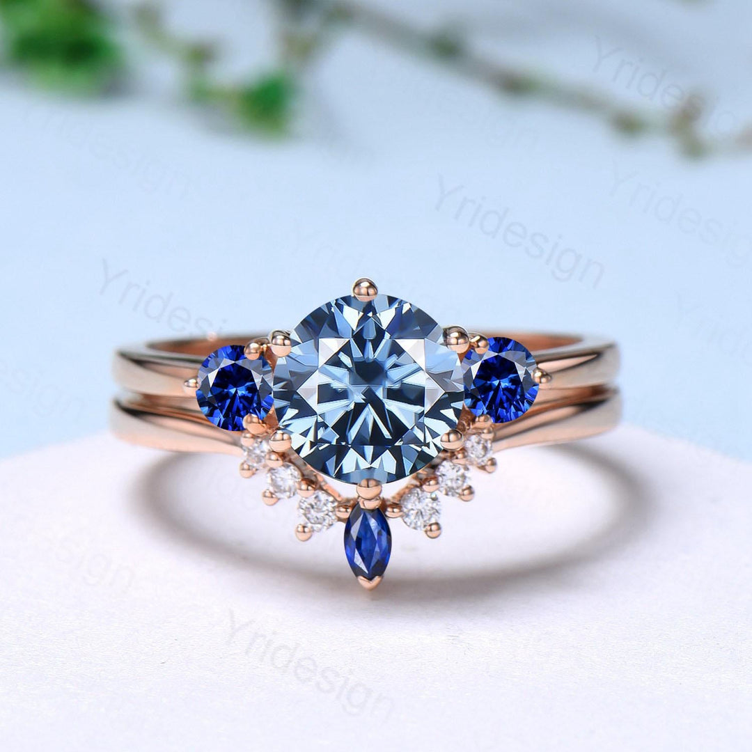 Three stone blue moissanite engagement ring set sapphire crown wedding set vintage rose gold bridal set couple anniversary promise ring gift - PENFINE