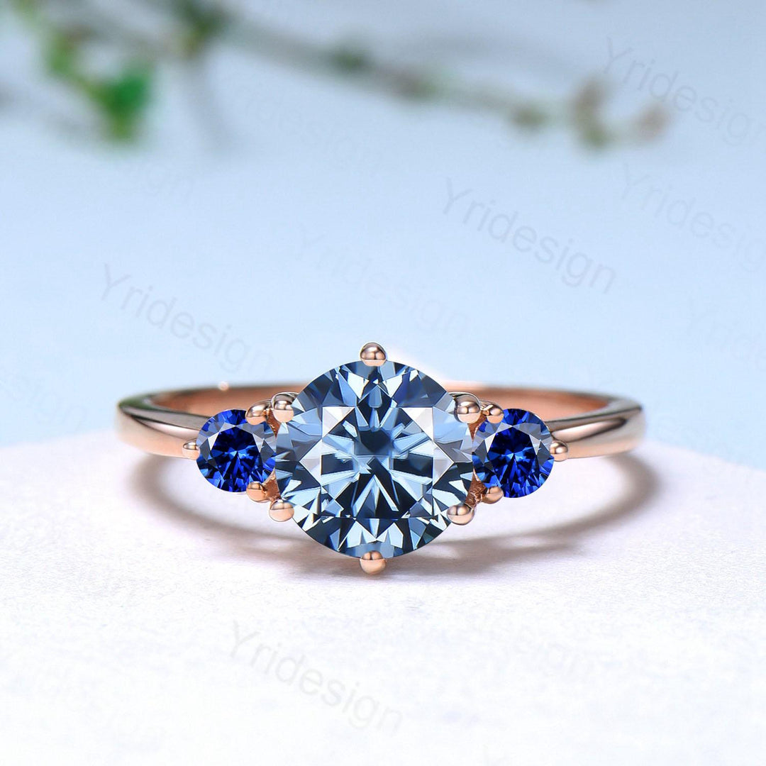 Three stone blue moissanite engagement ring set sapphire crown wedding set vintage rose gold bridal set couple anniversary promise ring gift - PENFINE