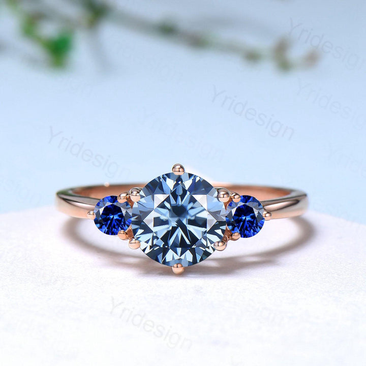 Three stone blue moissanite engagement ring set sapphire crown wedding set vintage rose gold bridal set couple anniversary promise ring gift - PENFINE