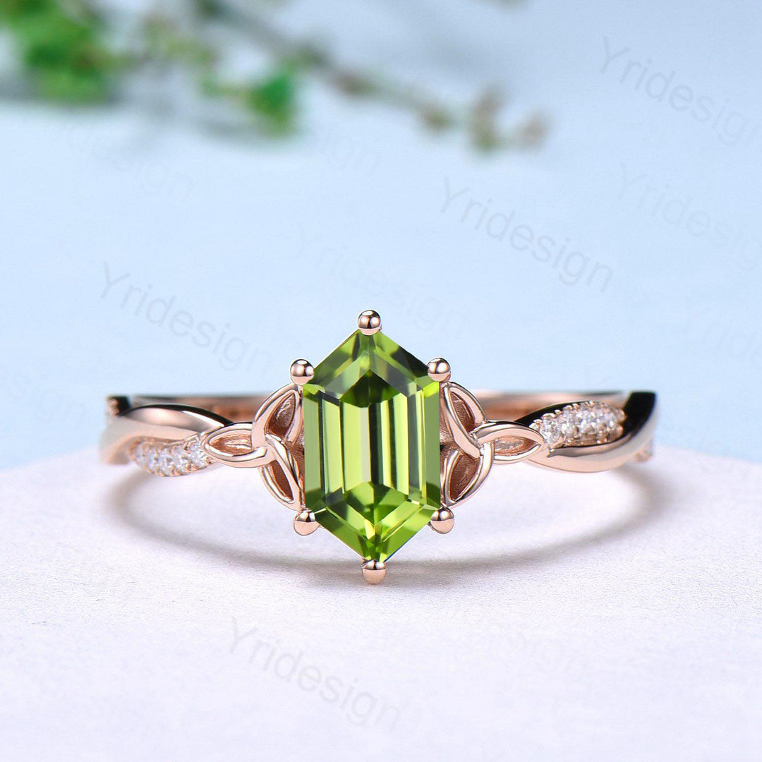 Elongated Hexagon Cut Peridot Diamond Engagement Ring Norse Viking Split Shank Wedding Ring August Birthstone Anniversary Promise Ring Gift - PENFINE