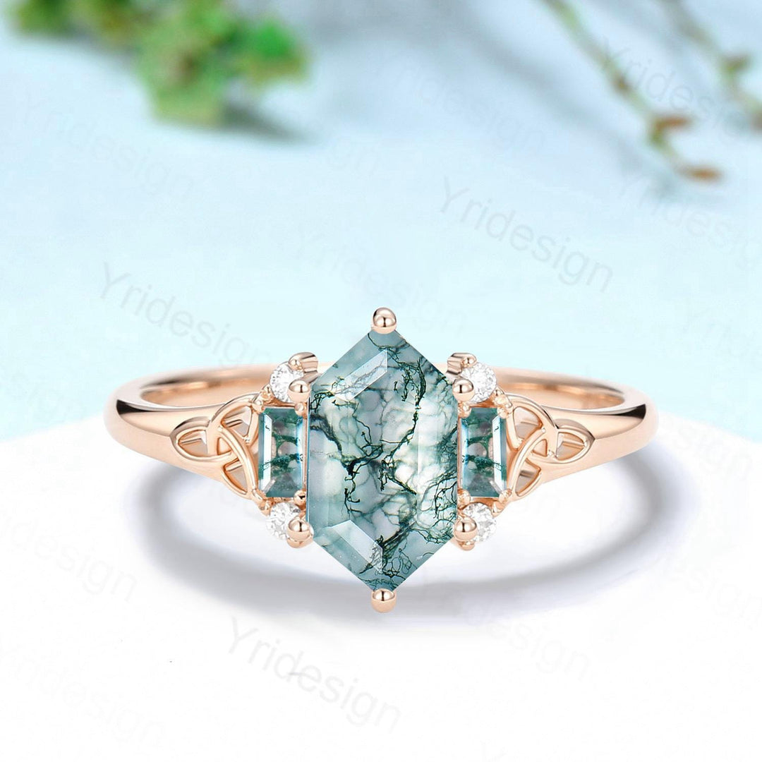 Unique Celtic Knot Long Hexagon Cut Moss Agate Engagement Ring Unique Norse Viking Cluster Baguette Agate Wedding Ring Anniversary gifts - PENFINE