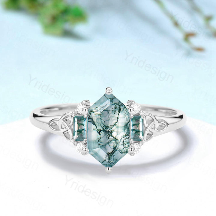 Unique Celtic Knot Long Hexagon Cut Moss Agate Engagement Ring Unique Norse Viking Cluster Baguette Agate Wedding Ring Anniversary gifts - PENFINE