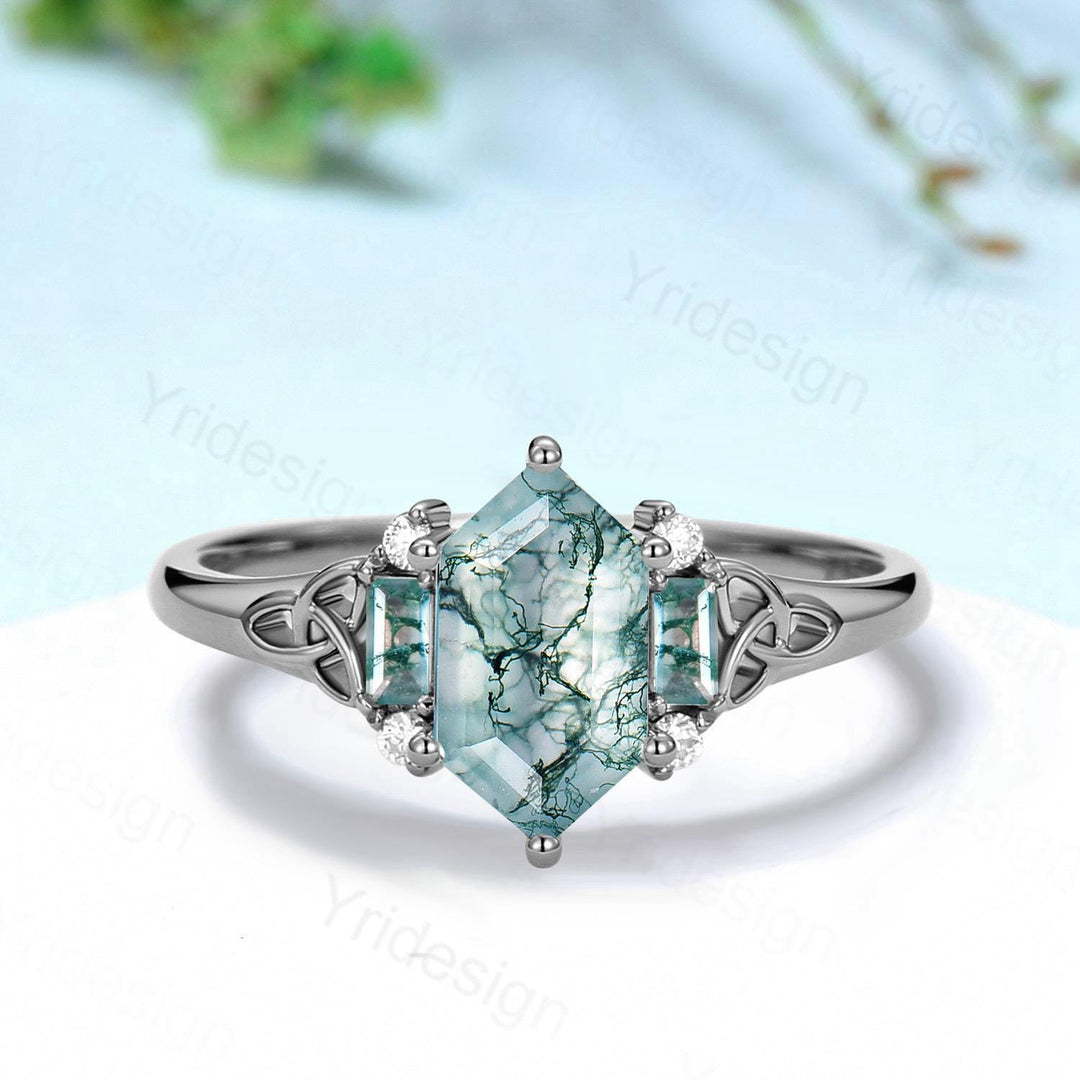 Unique Celtic Knot Long Hexagon Cut Moss Agate Engagement Ring Unique Norse Viking Cluster Baguette Agate Wedding Ring Anniversary gifts - PENFINE
