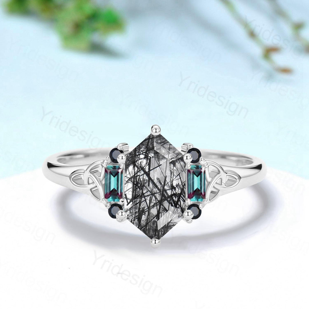 Unique Long Hexagon Cut Black Rutilated Quartz Ring Engagement Ring Norse Viking Cluster Baguette Alexandrite Wedding Ring Anniversary gifts - PENFINE