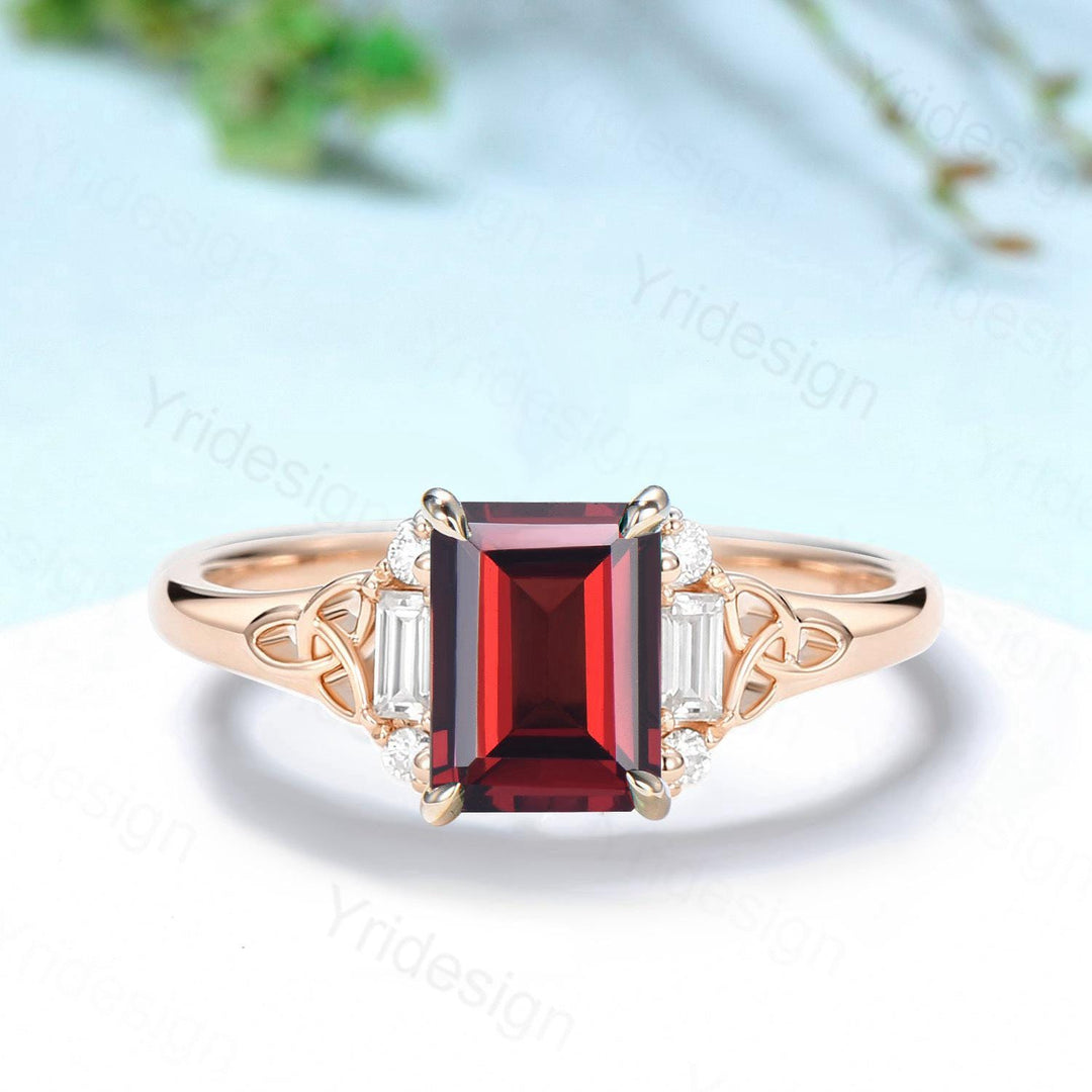 Celtic Knot Emerald Cut Garnet Engagement Ring Norse Viking Cluster Baguette Moissanite Wedding Ring January Birthstone Anniversary gifts - PENFINE