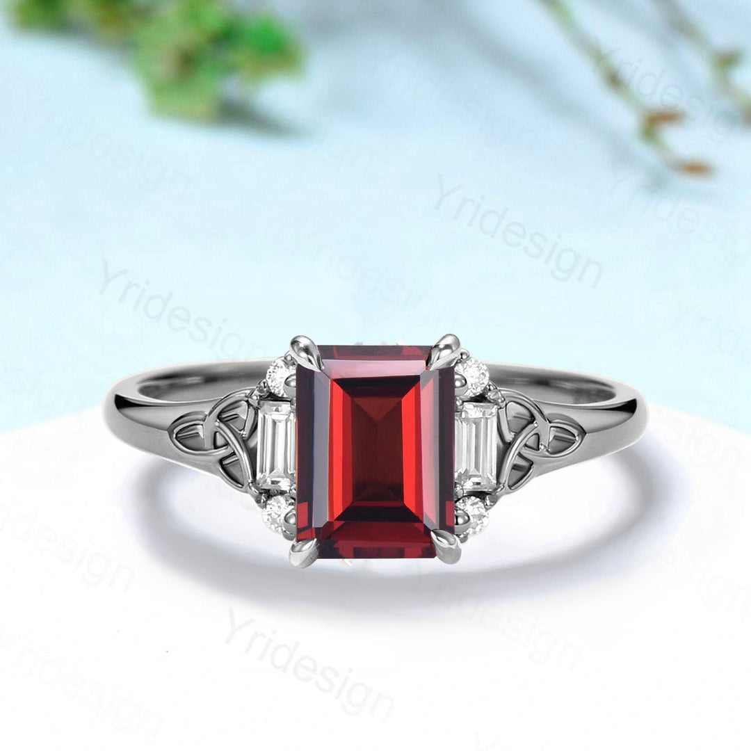 Celtic Knot Emerald Cut Garnet Engagement Ring Norse Viking Cluster Baguette Moissanite Wedding Ring January Birthstone Anniversary gifts - PENFINE
