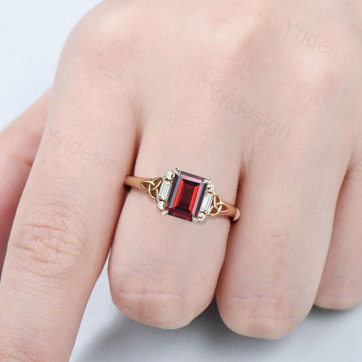 Celtic Knot Emerald Cut Garnet Engagement Ring Norse Viking Cluster Baguette Moissanite Wedding Ring January Birthstone Anniversary gifts - PENFINE