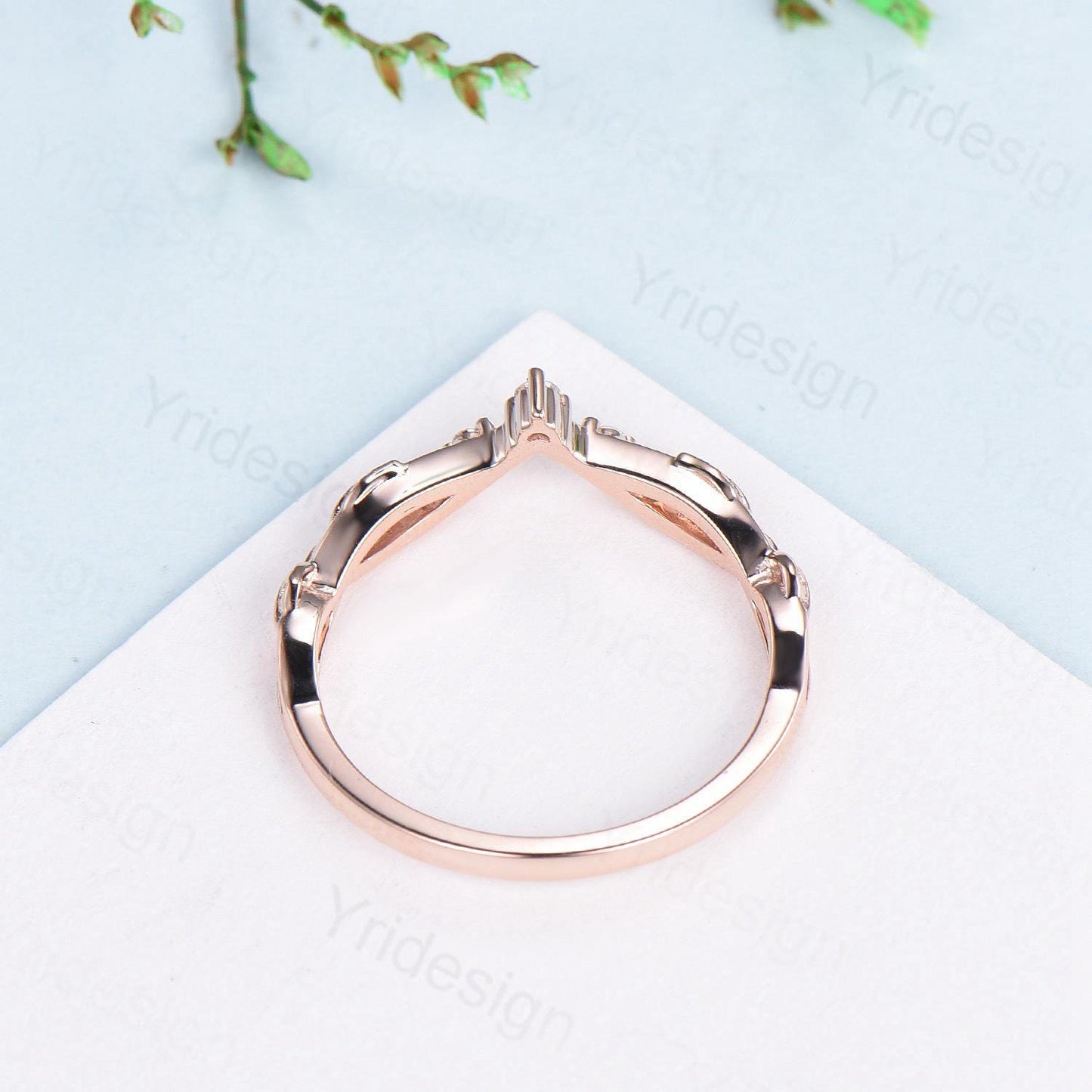 Rose Gold Diamond Curved Wedding Band Split Shank Moissanite Promise Ring Leaf Vine Stackable Matching Band Evil Eye Five Stone Wedding Ring - PENFINE