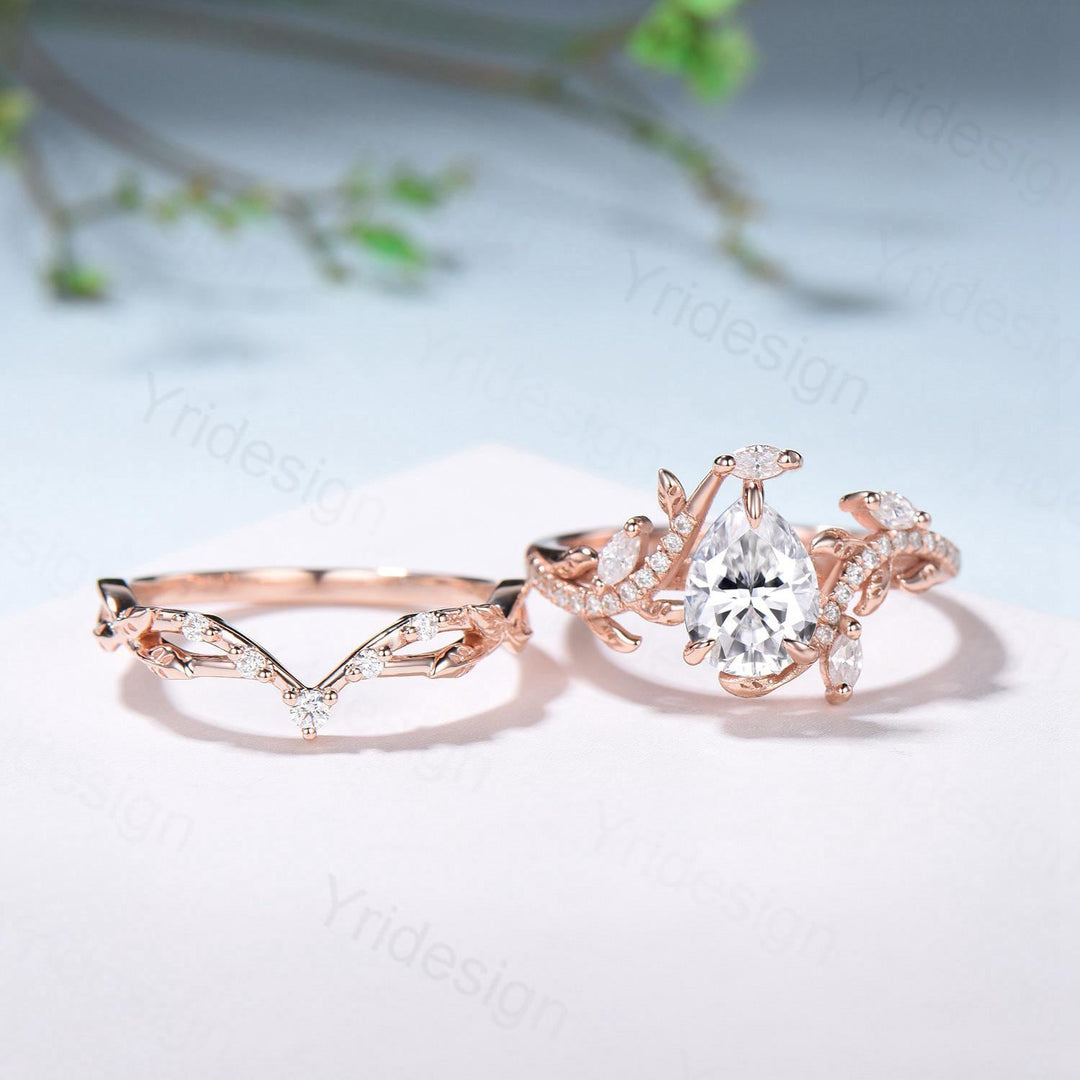 Vintage Pear Diamond Engagement Ring Set Nature Inspired Moissanite Wedding Ring Set 14k Rose Gold 2pcs Snake CVD Diamond Bridal Set Women - PENFINE