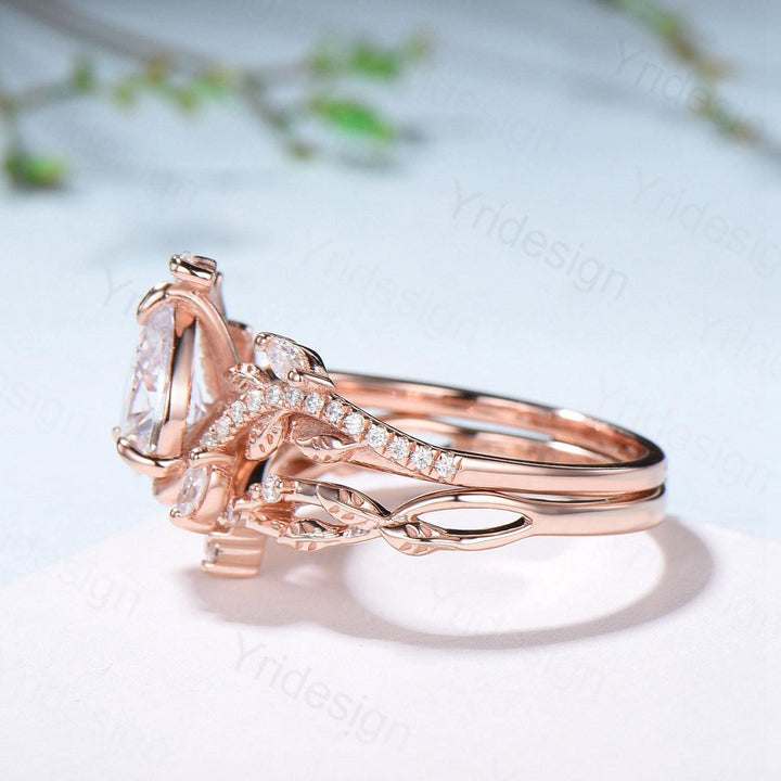 Vintage Pear Diamond Engagement Ring Set Nature Inspired Moissanite Wedding Ring Set 14k Rose Gold 2pcs Snake CVD Diamond Bridal Set Women - PENFINE