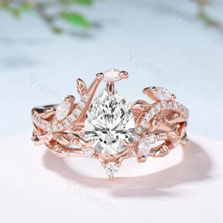 Vintage Pear Diamond Engagement Ring Set Nature Inspired Moissanite Wedding Ring Set 14k Rose Gold 2pcs Snake CVD Diamond Bridal Set Women - PENFINE