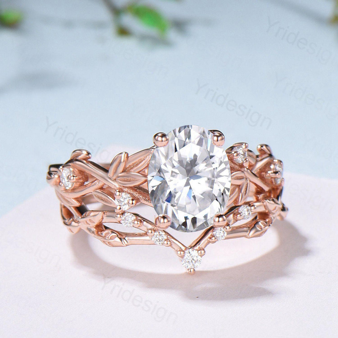 Nature Inspired Oval Diamond Engagement Ring Split  Shank CVD Diamond Bridal Ring Set Unique Leaf Vine Moissanite Wedding Ring Set for Her - PENFINE