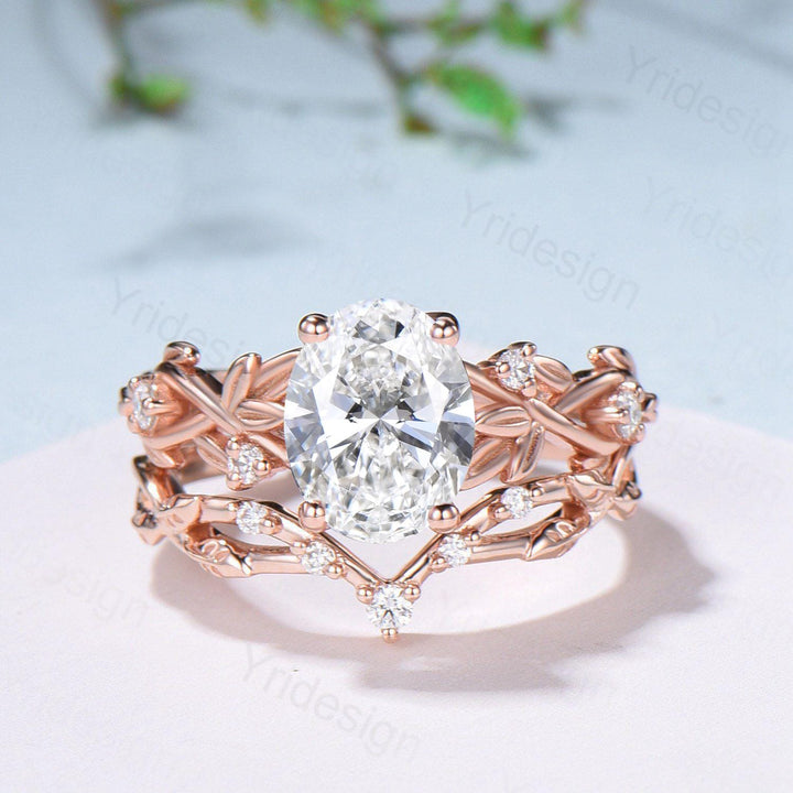 Nature Inspired Oval Diamond Engagement Ring Split  Shank CVD Diamond Bridal Ring Set Unique Leaf Vine Moissanite Wedding Ring Set for Her - PENFINE