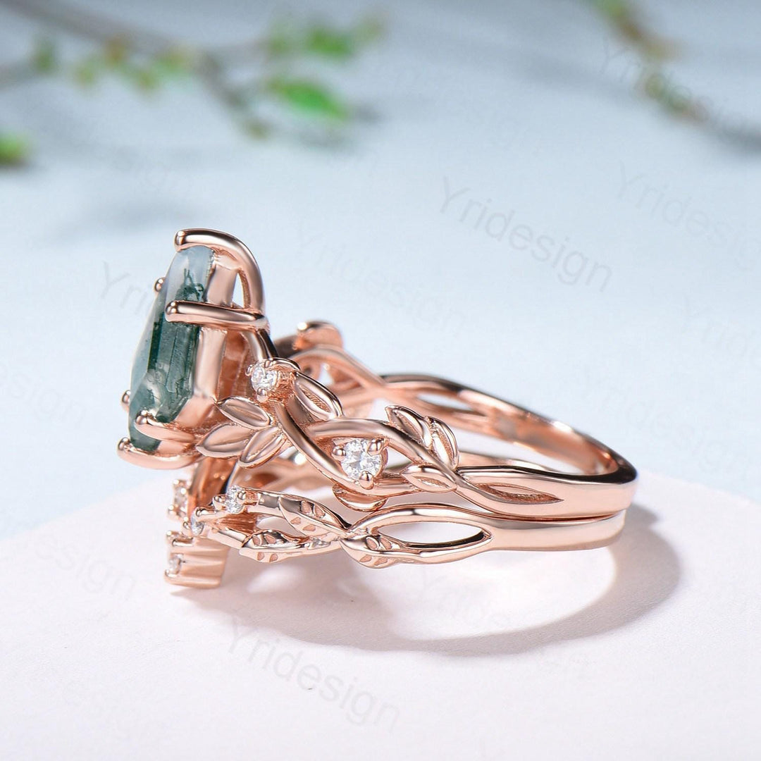 1.5 Carat Kite Cut Natural Moss Agate Engagement Ring Set Leaf Vine Green Agate Diamond Wedding Set Nature Inspired Anniversary Ring Women - PENFINE