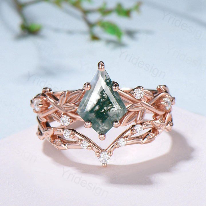 1.5 Carat Kite Cut Natural Moss Agate Engagement Ring Set Leaf Vine Green Agate Diamond Wedding Set Nature Inspired Anniversary Ring Women - PENFINE