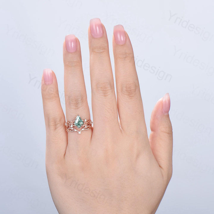 1.5 Carat Kite Cut Natural Moss Agate Engagement Ring Set Leaf Vine Green Agate Diamond Wedding Set Nature Inspired Anniversary Ring Women - PENFINE