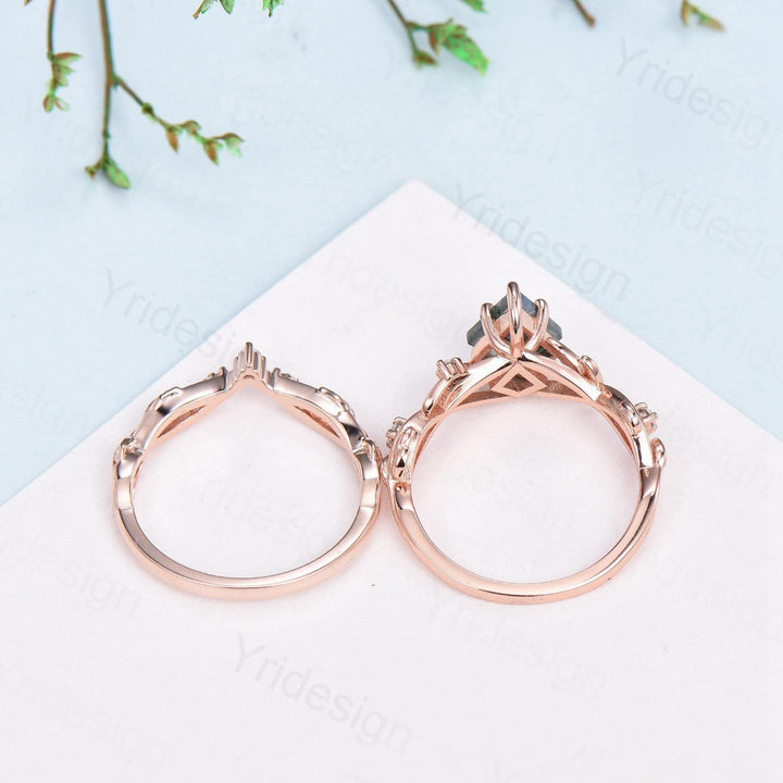 1.5 Carat Kite Cut Natural Moss Agate Engagement Ring Set Leaf Vine Green Agate Diamond Wedding Set Nature Inspired Anniversary Ring Women - PENFINE