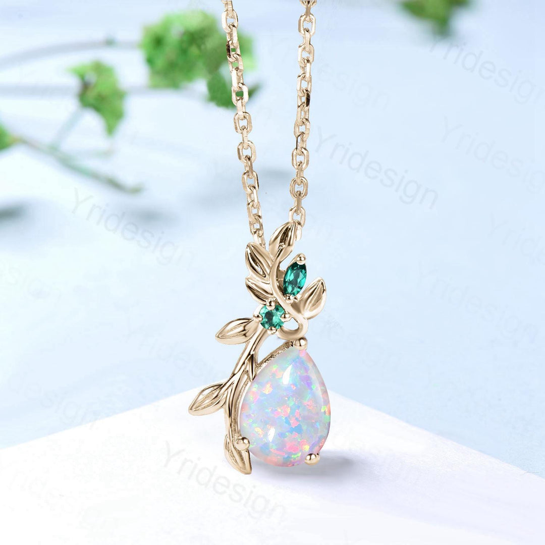 Elegant Pear Shaped White Opal Pendant Necklace fire opal leaf branch necklace Twisted nature inspired October birthstone anniversary gifts - PENFINE