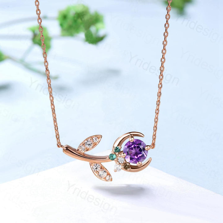 Vintage Crescent moon amethyst pendant necklace cluster moissanite moon pendant necklace 14k/18k rose gold star branch necklace promise gift - PENFINE