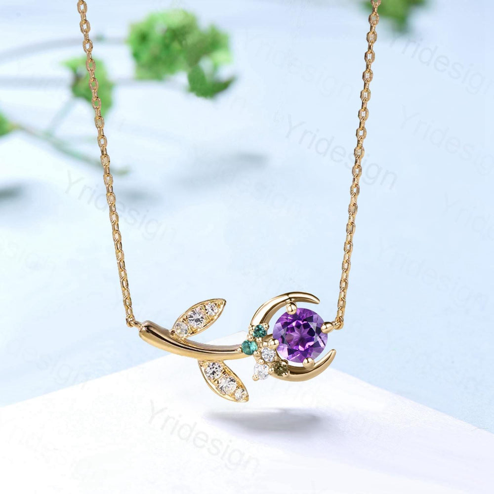 Vintage Crescent moon amethyst pendant necklace cluster moissanite moon pendant necklace 14k/18k rose gold star branch necklace promise gift - PENFINE