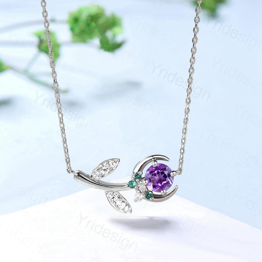 Vintage Crescent moon amethyst pendant necklace cluster moissanite moon pendant necklace 14k/18k rose gold star branch necklace promise gift - PENFINE