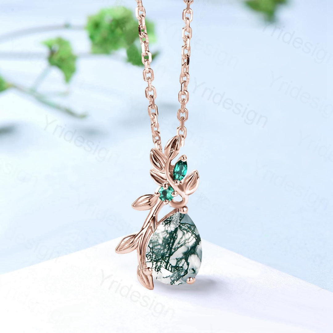 Elegant Pear Shaped Natural moss Agate Pendant Necklace leaf branch emerald necklace Twisted nature inspired green stone anniversary gifts - PENFINE