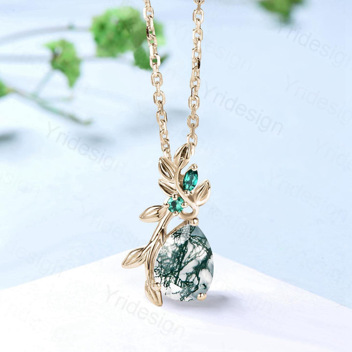 Elegant Pear Shaped Natural moss Agate Pendant Necklace leaf branch emerald necklace Twisted nature inspired green stone anniversary gifts - PENFINE