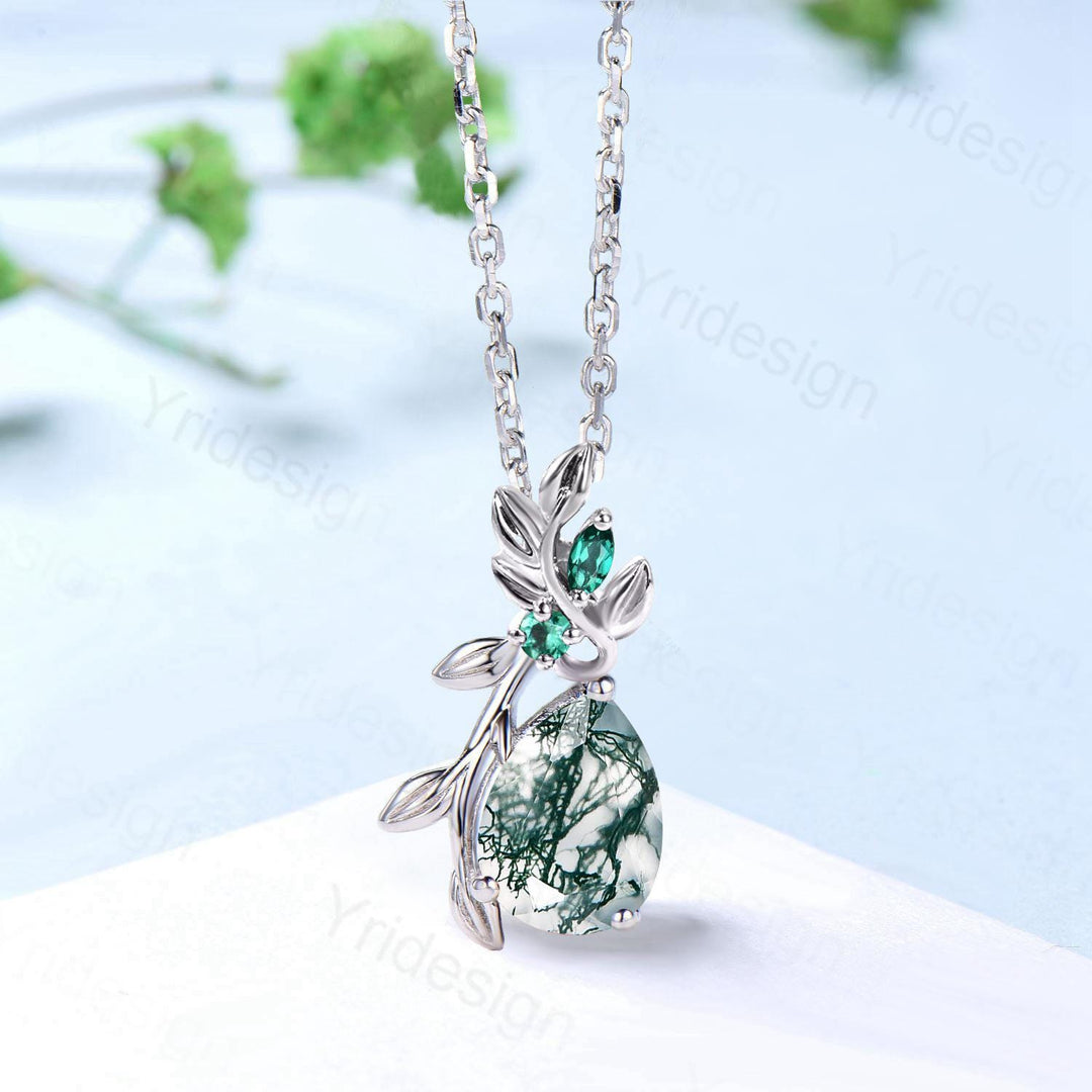 Elegant Pear Shaped Natural moss Agate Pendant Necklace leaf branch emerald necklace Twisted nature inspired green stone anniversary gifts - PENFINE