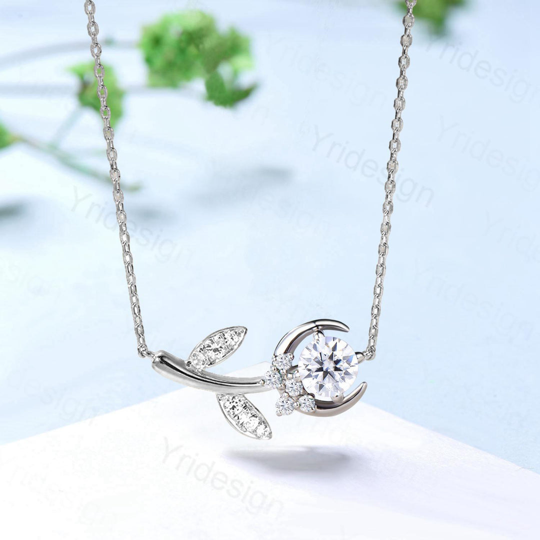 Vintage Crescent moon moissanite pendant necklace unique moon pendant necklace 14k/18k rose gold star branch leaf necklace promise gift - PENFINE