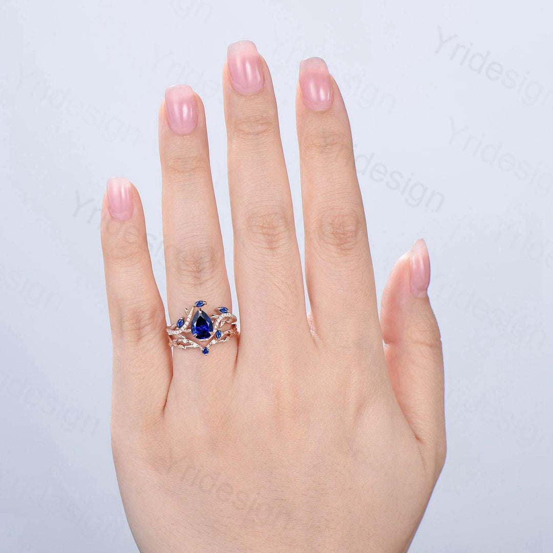 Nature Inspired Pear Shaped Blue Purple Sapphire Engagement Ring Set Snake Marquise Sapphire Wedding Bridal Ring Set Twig Vine Promise Ring - PENFINE
