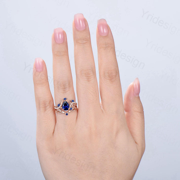 Nature Inspired Pear Shaped Blue Purple Sapphire Engagement Ring Set Snake Marquise Sapphire Wedding Bridal Ring Set Twig Vine Promise Ring - PENFINE