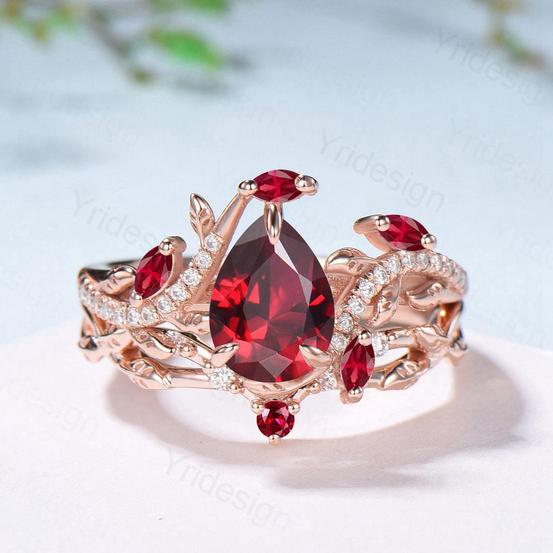 Nature Inspired Pear Shaped Ruby Engagement Ring Set Snake Marquise Ruby Wedding Ring Art Deco Bridal Set Twig Vine Leafy Anniversary Ring - PENFINE