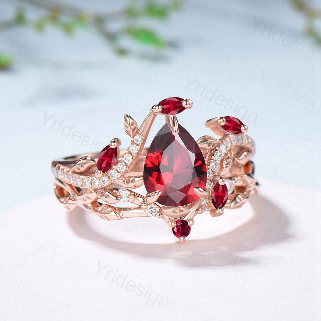 Nature Inspired Pear Shaped Ruby Engagement Ring Set Snake Marquise Ruby Wedding Ring Art Deco Bridal Set Twig Vine Leafy Anniversary Ring - PENFINE